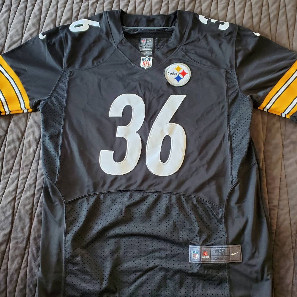 Nike Black and Yellow NFL Steelers Jersey with Number 36, EUC